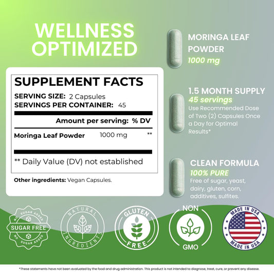Moringa Capsules – 90 Pure Moringa Powder Capsules Packed with Nutrients for Immune Support, and Daily Health