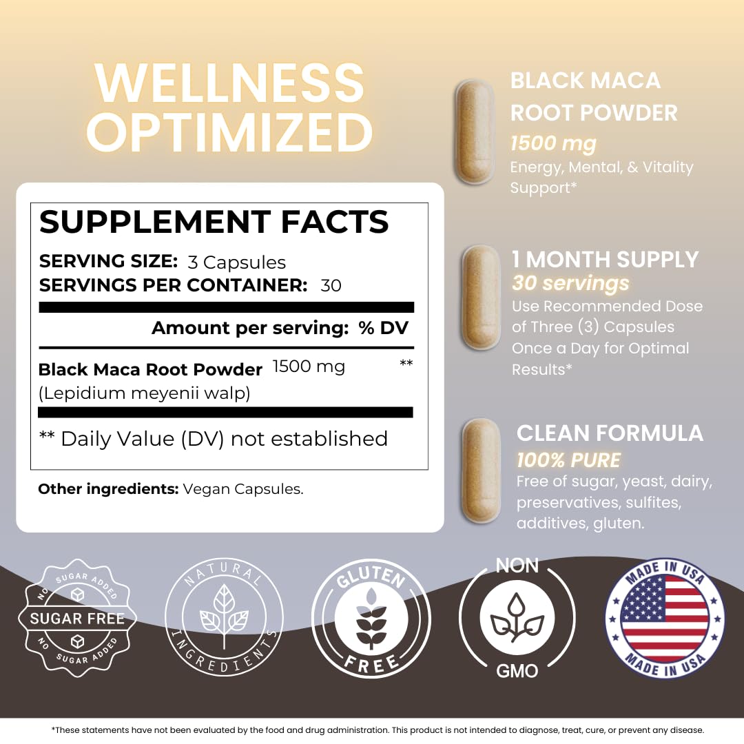 Nutra Guru Black Maca Root Supplement - 90 Vegan Maca Root Capsules for Energy Support, Mood Balance, Mental Focus, Memory Enhancement