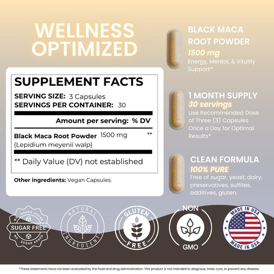 Nutra Guru Black Maca Root Supplement - 90 Vegan Maca Root Capsules for Energy Support, Mood Balance, Mental Focus, Memory Enhancement
