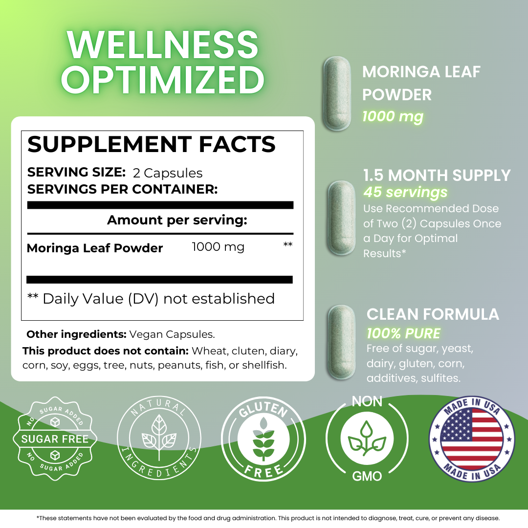 Nutra Guru Moringa Leaf Supplement – 180 Capsules Packed with Nutrients for Immune Support, and Daily Vitality (2 Bottles of 90)