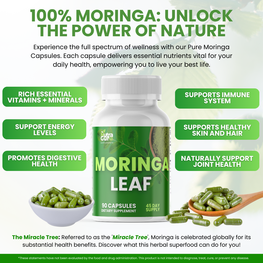 Nutra Guru Moringa Leaf Supplement – 180 Capsules Packed with Nutrients for Immune Support, and Daily Vitality (2 Bottles of 90)