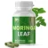 Nutra Guru Moringa Capsules – 90 Pure Moringa Powder Capsules. White bottle with green label, alongside loose capsules and fresh moringa leaves, highlighting natural health benefits and premium ingredients.